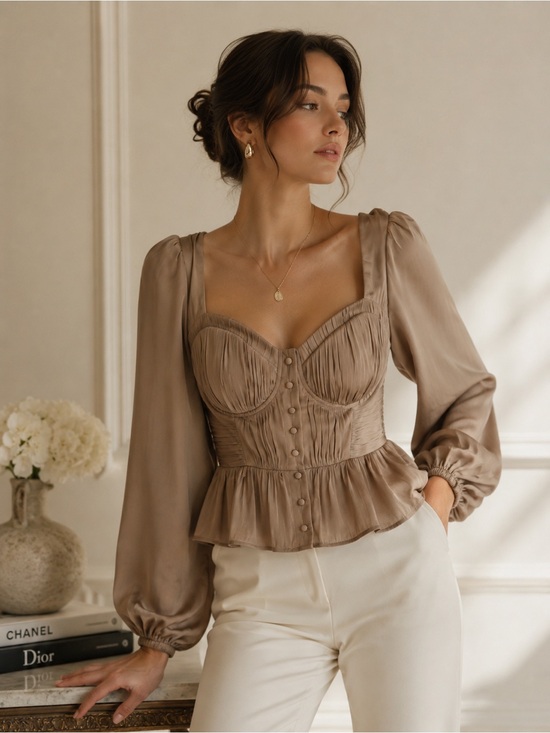 Joie Tops - Joie Silk Blend Peplum Blouse Taupe Ruched Puff Sleeve Top S NWT
